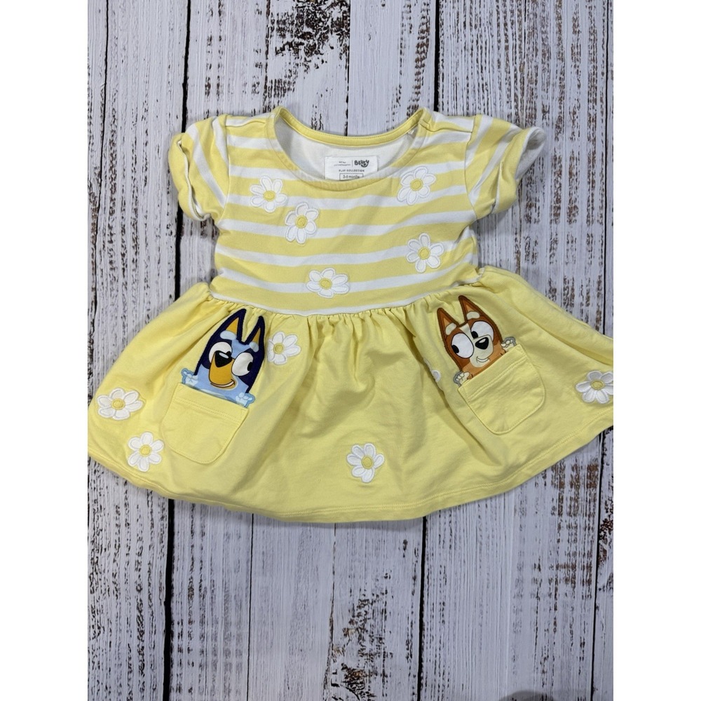 Little Sleepies Bluey Pocket Dress Size 3-6m NWOT Yellow Striped Flowers